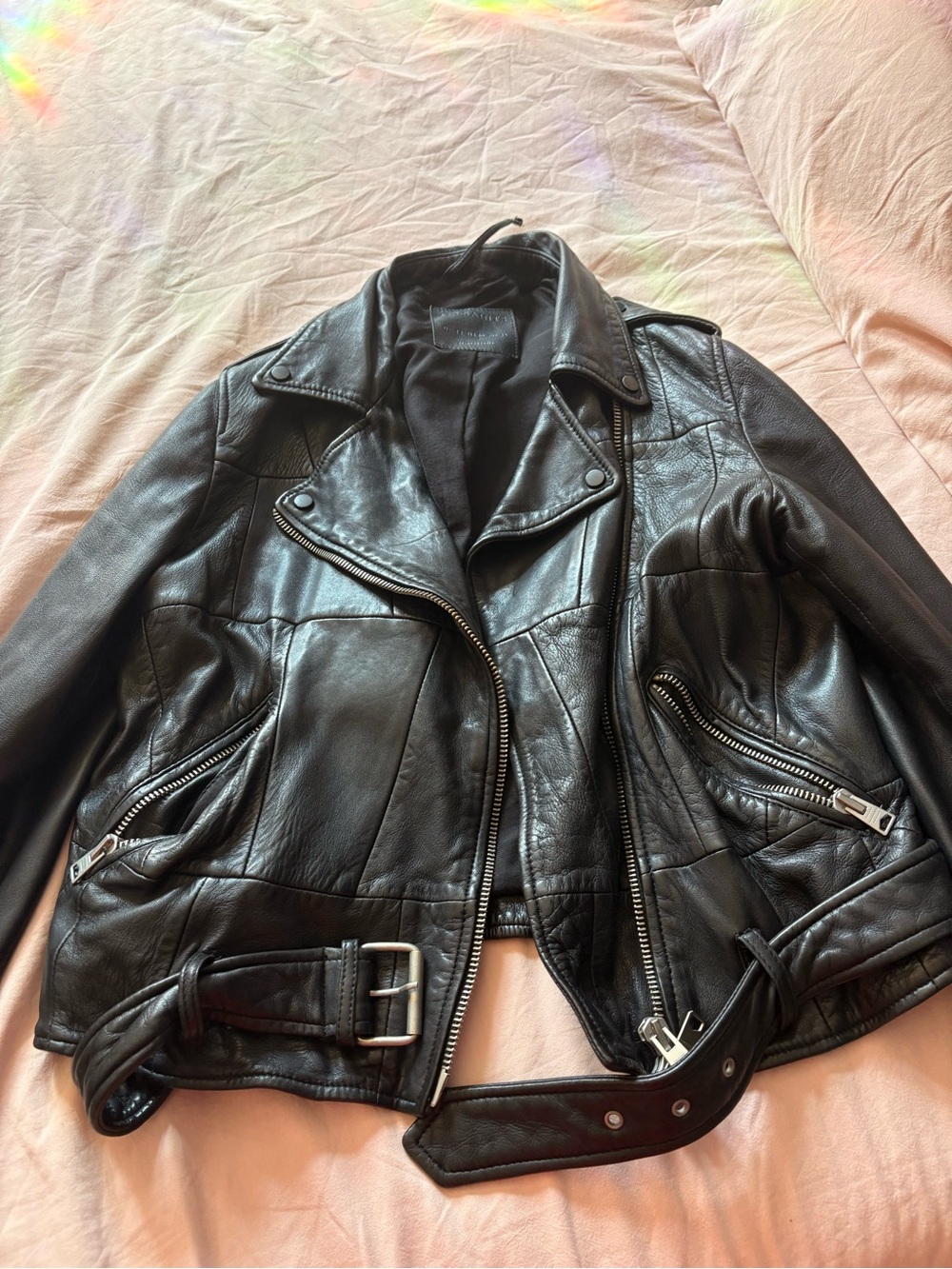 AllSaints Black Leather Biker Jacket with Belt